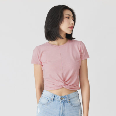 Áo phông dáng ngắn xoắn nút phong cách tinh tế-nữ