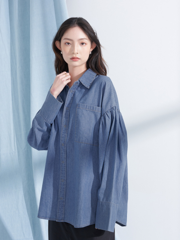 Áo sơ mi denim tay bồng kiểu dáng rộng-Nữ